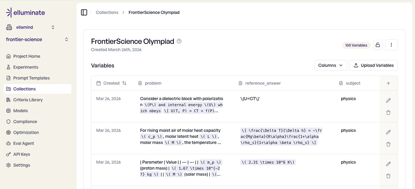 elluminate web UI showing the imported FrontierScience Olympiad collection with problem, reference_answer, and subject columns