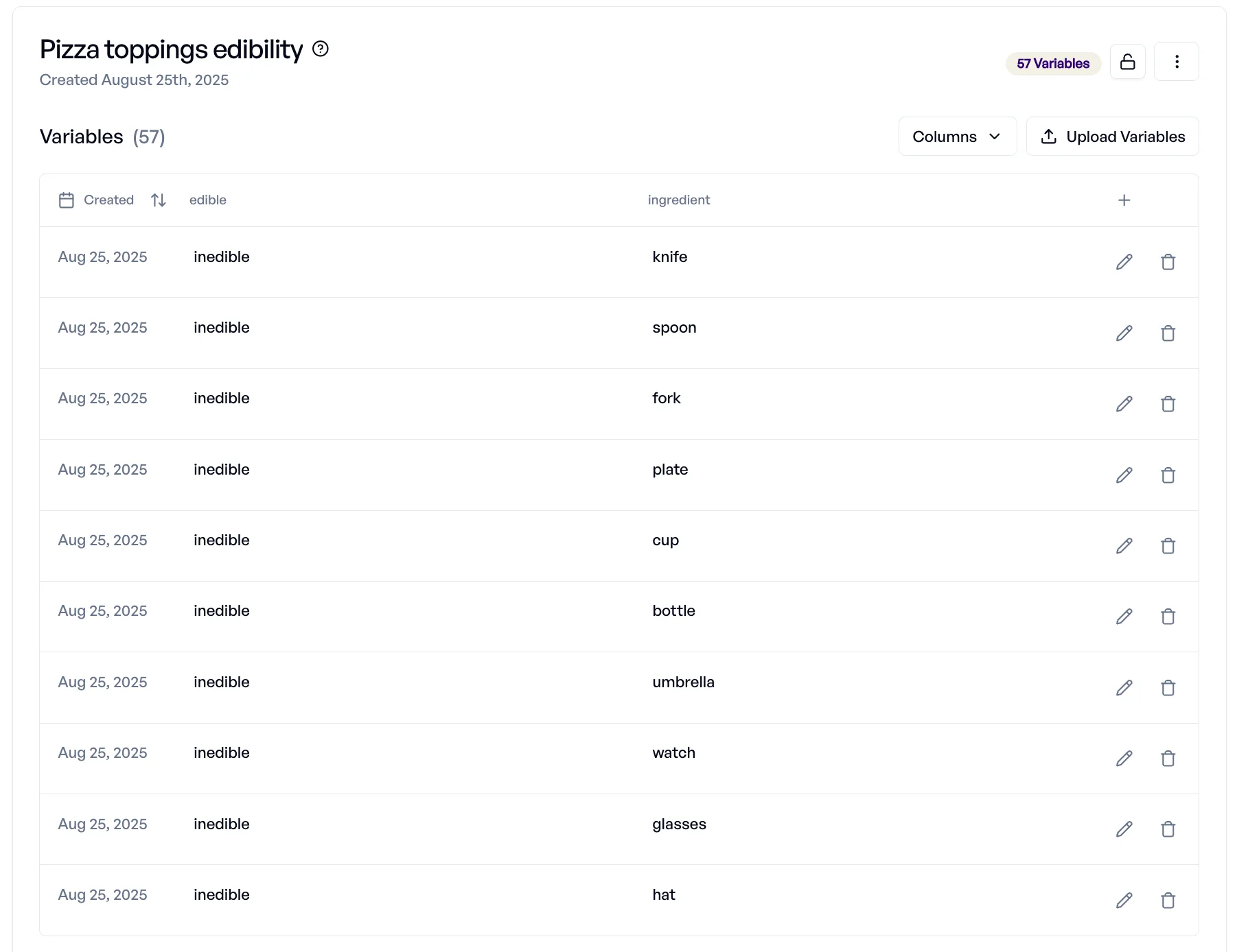 elluminate collection variables editor showing pizza ingredient example