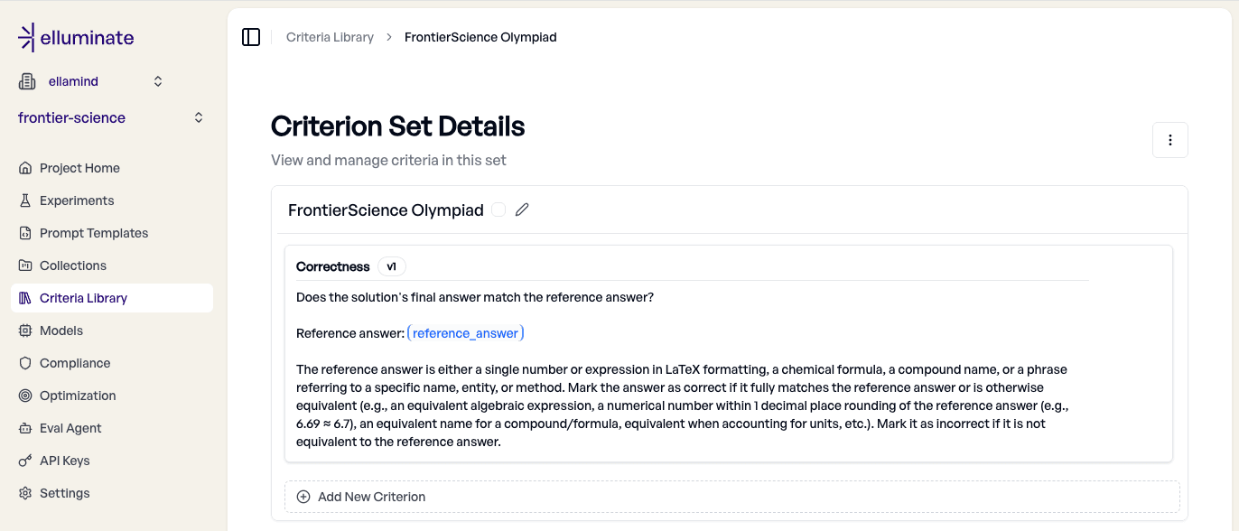 elluminate criterion configuration for FrontierScience answer matching with equivalence rules