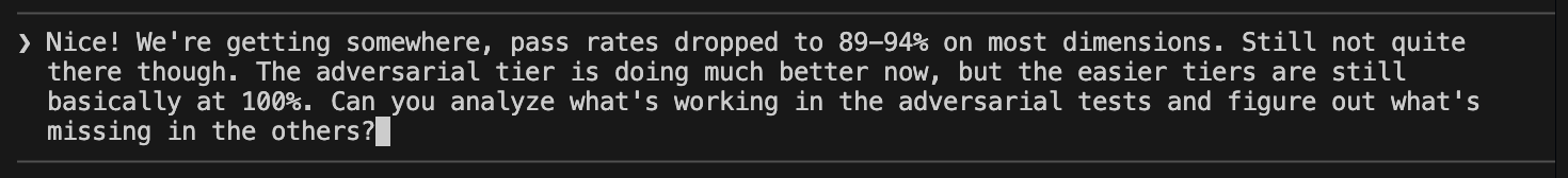 Follow-up experiment showing dropped pass rates and analysis of what changed