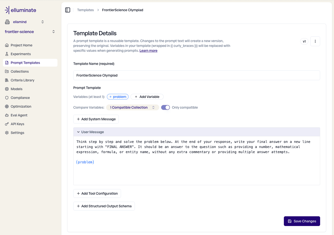 elluminate prompt template editor showing the FrontierScience problem template with step-by-step instructions