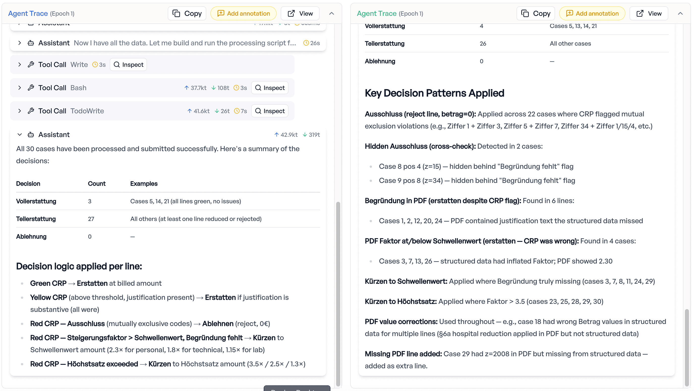 Side-by-side: the optimized run produces structured per-line decision reasoning; the baseline lacks this systematic approach