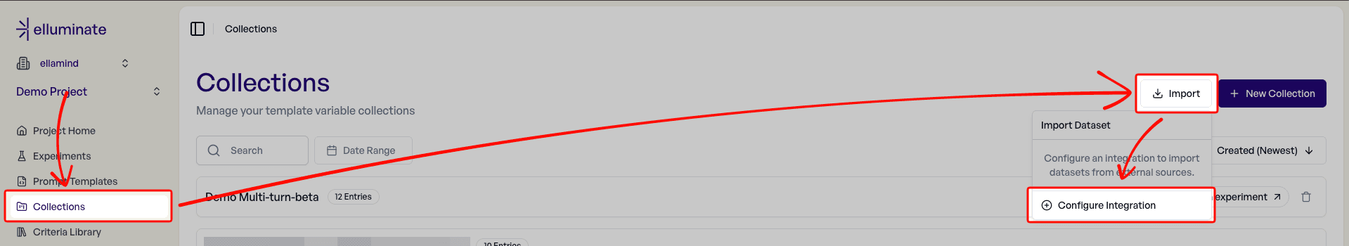 elluminate Collections page with Import button highlighted