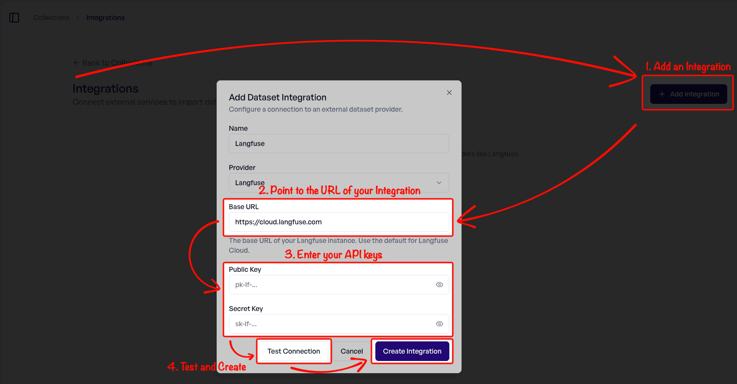 Add Langfuse integration dialog with API key fields