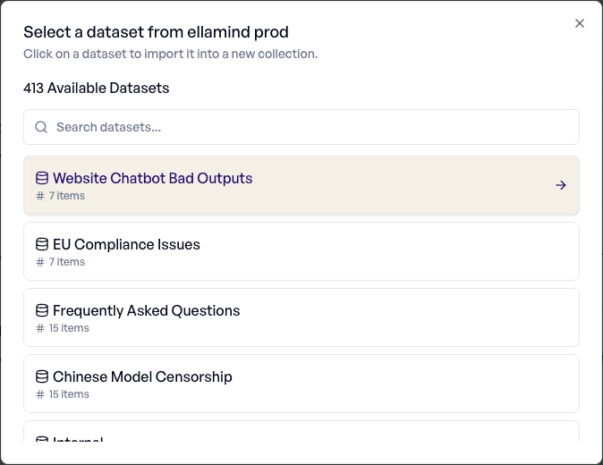 Browsing available Langfuse datasets for import