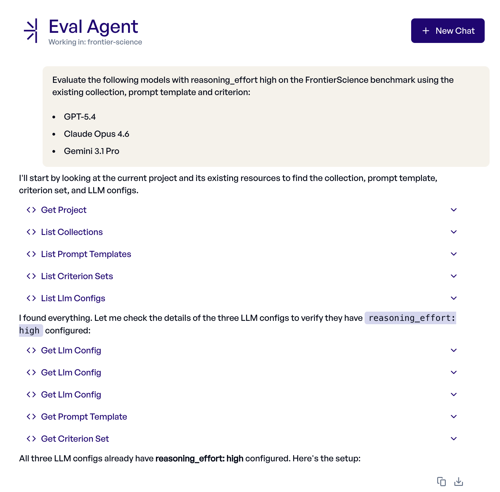 elluminate Eval Agent receiving the instruction to evaluate three frontier models on FrontierScience